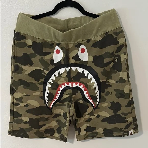 Bape Camo Shark Face Athletic Shorts - Green and Black - Picture 1 of 2